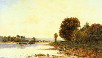 Hippolyte Camille Delpy : Washerwomen in a River Landscape with Steamboats beyond